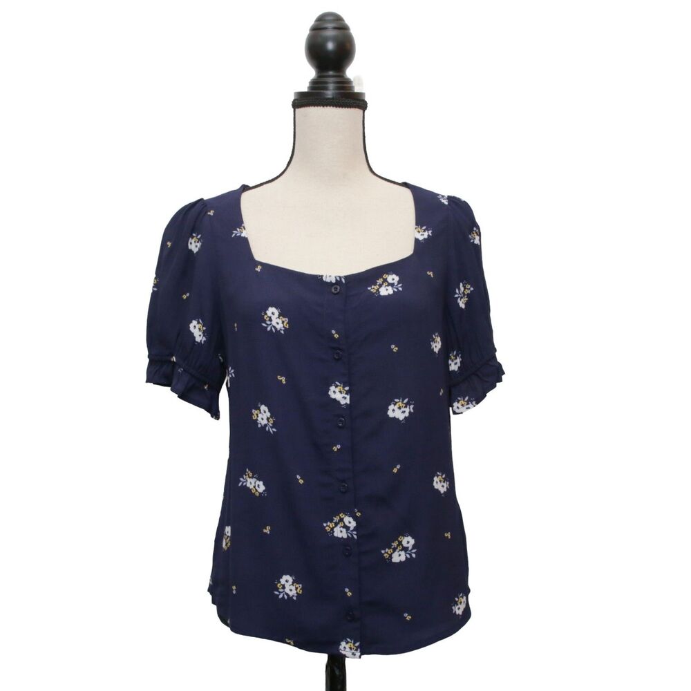 Elodie Size M Navy Floral Button Front Blouse Short Sleeve Square Neck Rayon Top